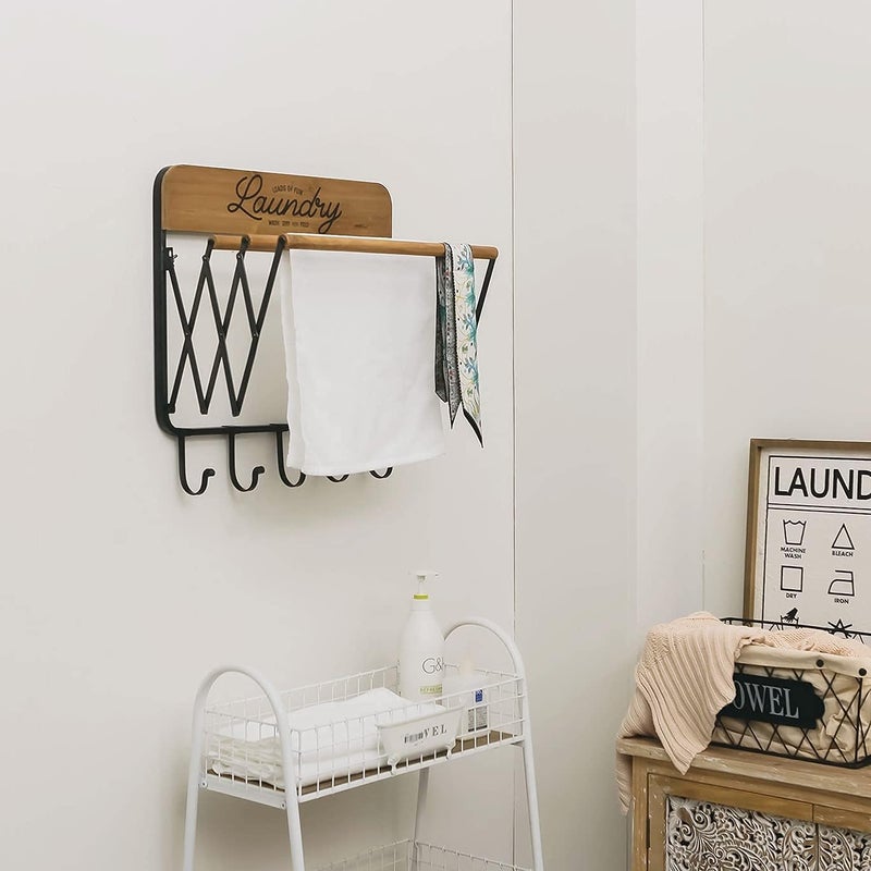 SOFFEE DESIGN Accordion Laundry Rack, Retractable Wall Mounted Racks, 3 Bars & 5 Hooks for Drying Rack Hanging Towels Clothes Save Space Perfect for Laundry Room, Bathroom, Mudroom, Wall Decor - Image 3